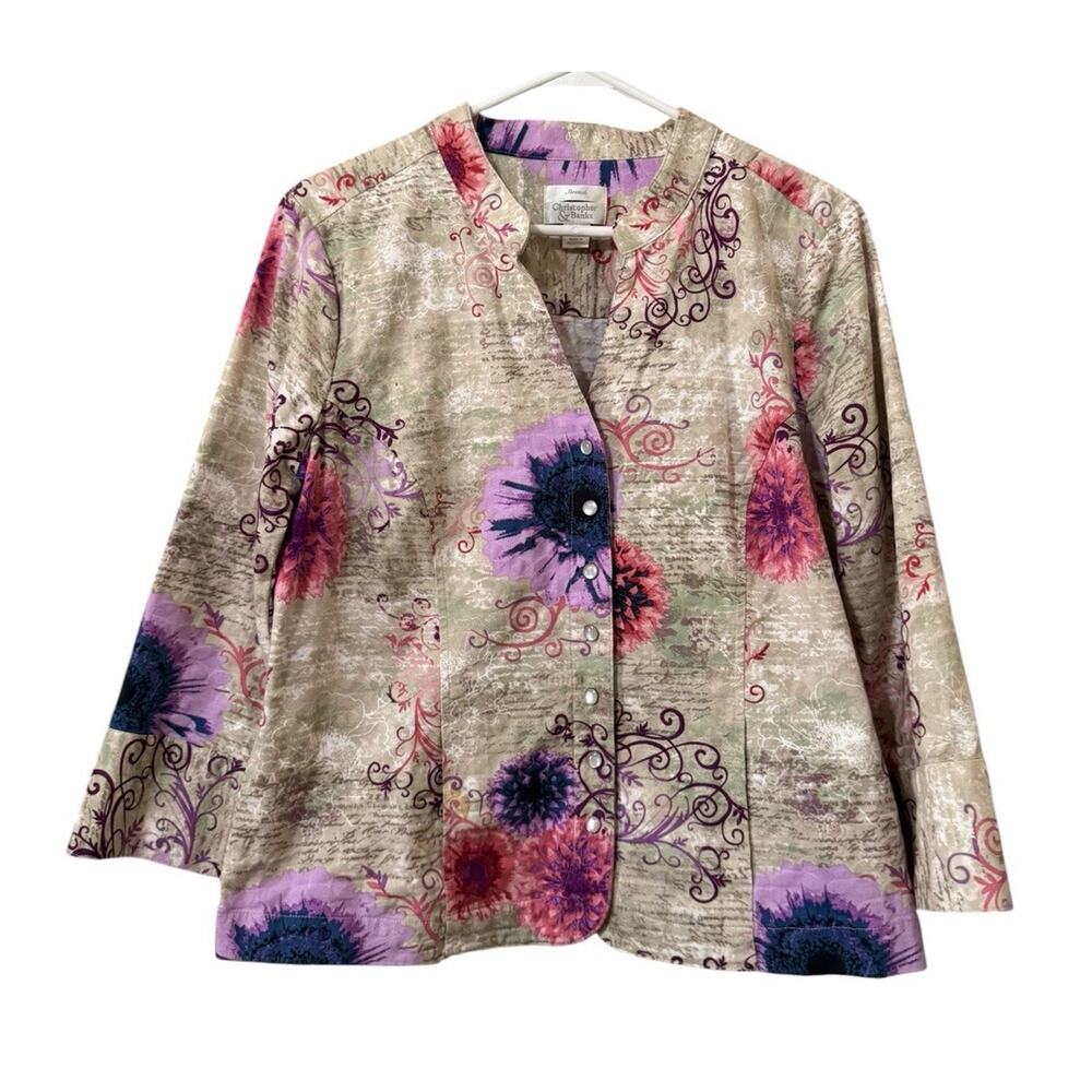 Christopher & Banks Stretch Women SzLarge Pearl Snap Lightweight Jacket‎ Floral